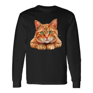 Camiseta Vintage de Manga Larga para Amantes de los Gatos, Gato Naranja Tabby con Ojos Verdes para Uso Promocional - Product Image 1