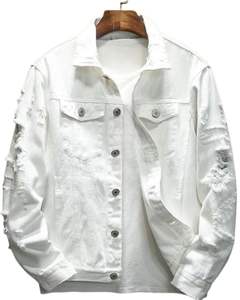 <b>Men</b> <b>White</b> Distressed Denim <b>Jacket</b> Ripped Trucker Style Casual Streetwear Button Front Classic Outerwear For <b>Men</b> - Product Image 1