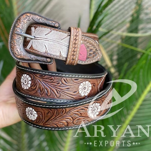 Unisex Stylish Western-Style Cowhide <b>Leather</b> Belts Hand <b>Tooled</b> Carving High Brass Steel Custom Fashionable Vintage Cowboy Design - Product Image 1