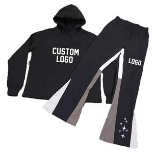 Custom Flare Puff Print Stack Jogger Sets Chándal Raw Hem Set Web Flared Pantalones de chándal y Sudadera con capucha Set Hombres - Product Image 4