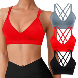 Soutien-gorge de sport pour femme, sans couture, maintien moyen, respirant, 100% nylon, dentelle, 220g, décolleté en V profond, bretelles croisées sur le devant - Product Image 3