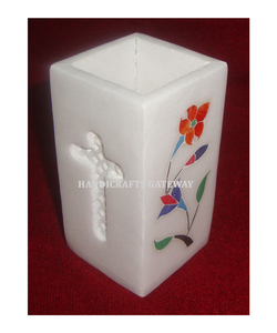 Beautiful Handmade <b>White</b> Marble Inlay Durable <b>Pen</b> Holder With Flower Design Square Shape Home Purpose Multi Use for Buyers - Product Image 2