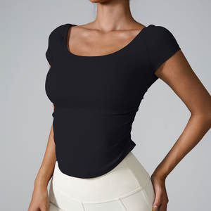 T-shirt de sport court et ajusté pour femme, écologique, col rond, manches courtes, en Spandex/Nylon, pour le yoga - Product Image 5