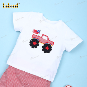 Wholesale Customizable Handmade Luxury Cotton Embroidery Outfit White Red <b>Animal</b> <b>Pattern</b> Boy's OEM/ODM Design-BB3183 Babeeni Set - Product Image 3