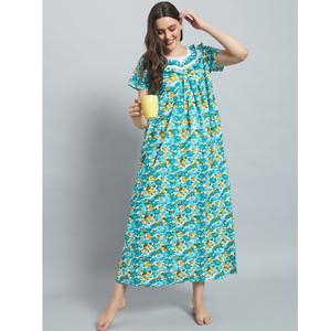 Camisón de Encaje 100% Algodón para Mujer, Manga Media, Largo Completo, Tela Transpirable, Cuello con Estampado Floral, Elegante, Primavera, Otoño, Verano - Product Image 1