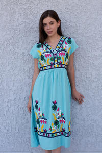 Robe mexicaine à fleurs brodées, tendance et très vendue, manches courtes, longueur genou, style doux, tissage tissé, taille unique, plage, commande - Product Image 4