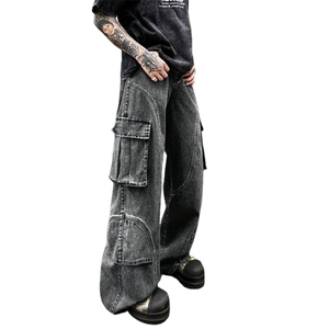 กางเกงยีนส์ขาตรงของผู้ชาย, กางเกงยีนส์ขาตรงมีกระเป๋าขนาดใหญ่สไตล์ฮิปฮอปสไตล์สตรีทกางเกงยีนส์ลำลองระบายอากาศได้สีดำ - Product Image 1