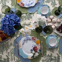 Set de table réutilisable personnalisé en tissu de coton vert et bleu, fait main, bord festonné, brodé, écologique, pour