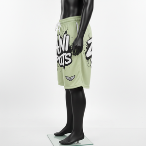 กางเกงขาสั้นผู้ชายผ้าโพลีเอสเตอร์ตาข่ายพรีเมียม 180 GSM สีเขียวอ่อน พิมพ์ลายโลโก้ด้วยความร้อน สำหรับออกกำลังกาย - Product Image 4