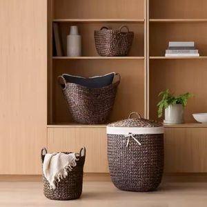 Handmade <b>Water</b> <b>Hyacinth</b> <b>Basket</b> with Leather Wrapped Handles for Decorative Storage and Home Organization - Product Image 1