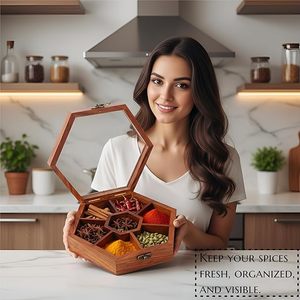 Caja de Especias Artesanal Ecológica de Madera de Mango con Tapa de Vidrio Transparente y Recipientes Individuales para Especias, Apta para Lavavajillas, para Especias Secas - Product Image 6