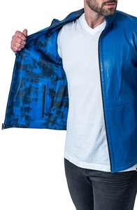 Veste en cuir d'agneau pour homme avec col bleu réglable et fausse fourrure douce en peau d'agneau bleue pour homme - Product Image 5