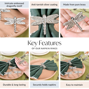 Juego de Servilleteros Libélula de Latón Puro, Lujo Vintage Plateado para Bodas y Restaurantes, Incluye 6 Servilleteros Hechos de Resina y Madera - Product Image 2