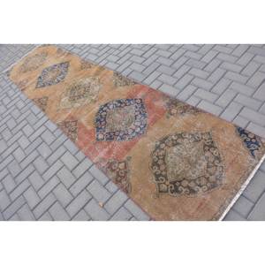 Tapis turc vintage traditionnel Beige bleu 2.7 X 11.3ft fait à la main en laine Patchwork Design pour adolescents Rectangle couloir Latex chevet - Product Image 4