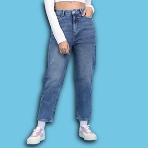 Jean taille haute Mom Fit bleu clair noir délavé coton élasthanne denim cinq poches fermeture à glissière OEM pantalon pour femme - Product Image 1