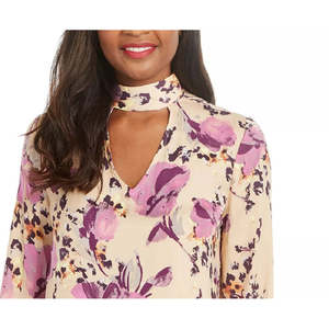 Haut en mousseline de soie beige tricoté pour femme Thalia Sodi, imprimé, col montant, découpes, broderies, style décontracté pour le printemps/été, tailles XS à XL - Product Image 2