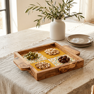Elegant Square Ottoman Tray Customizable Olivewood & Ceramic Serving Tray for Contemporary <b>Coffee</b> <b>Tables</b> - Product Image 3