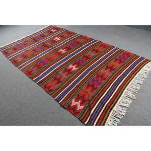 Vintage Turkish Rug 4.9x9.2 ft, Kilim <b>Red</b> Solid <b>Wool</b> Rug - Product Image 2
