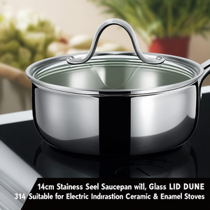 14cm Stainless Steel Saucepan with Glass Lid DUNE 314 Suitable for <b>Electric</b> Induction Ceramic & Enamel Stoves - Product Image 3