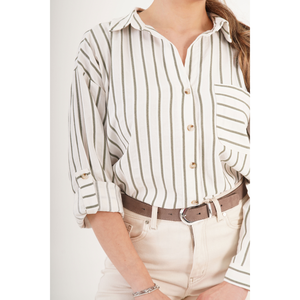 Blusa Casual de Lino para Mujer LUSTRIN, Corte Holgado, Color Caqui, con Bolsillos y Rayas, para Verano y Temporadas de Transición - Product Image 2