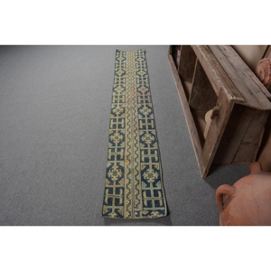 1.2x7.5 ft Rug, Turkish Vintage Rug, Blue <b>Yellow</b> Southwestern <b>Wool</b> Rug - Product Image 1