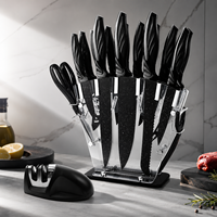 Ensemble de couteaux de cuisine en acier inoxydable noir de 17 pièces Revêtement antiadhésif Conception ambidextre Poignées en plastique Ensemble de chef professionnel