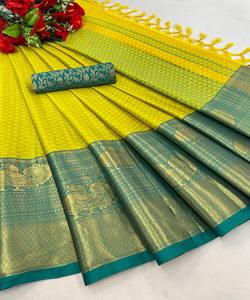 JACQUARD DE SEDA DE ALGODÓN MÁS RECOGIDA TRABAJO SAREE CON BLUSA SIN COSTAR ROPA FUNCIONAL PRECIO AL POR MAYOR ROPA ÉTNICA LORO VERDE - Product Image 1