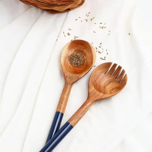 Vaisselle à salade en bois Poignée en résine Serveur à salade pour servir une fourchette à salade Cuillère Ensemble de couverts pour hôtel et ustensiles de cuisine Vaisselle - Product Image 1