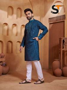 Wedding Wear Roman Silk With Embroidery <b>Mirror</b> Work Mens Kurta Pajama Manufacturer From India At Lowest Rate For Sale - Product Image 2