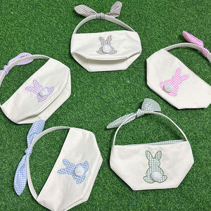 سلة أرنب عيد الفصح فارغة قابلة للتخصيص، بتصميم مربعات وفيونكة لطيفة، للبيع بالجملة - Product Image 3