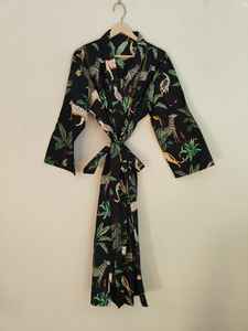 <b>Black</b> Jungle Print <b>Women's</b> Cotton Kimono <b>Robe</b>-V-Neck Full Length Soft Summer Luxury Gift - Product Image 4