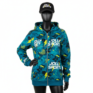Sudadera con Capucha y Cremallera para Mujer, Tejido de Felpa de 320 GSM, Estampado de Camuflaje Azul con Gráficos de Rayos en el Panel Frontal, Logotipo Personalizado, Sudadera Básica con Cremallera - Product Image 6