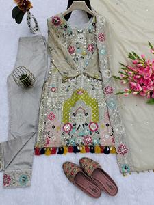 Unity Luxure Premium Embroidered Organza Pakistani Suit Set with <b>Net</b> <b>Dupatta</b> & Cotton Silk Trousers - Product Image 4