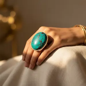 "Rose Gold Plated Stainless Steel Turquoise Stone <b>Ring</b>-Fashionable & Hiphop <b>Statement</b> Jewelry for Women" - Product Image 2