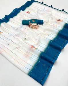 Sari de trabajo de algodón y lino pesado más vendido para mujer, estilo moderno, suave, indio, sin tiempo de entrega de muestra, en stock. - Product Image 4