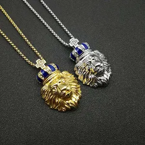 Modischer Stil vergoldeter Edelstahl Diamant Krone Löwenkopf Anhänger Halskette für Unisex