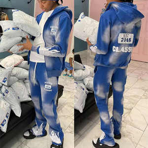 Chándal personalizado lavado ácido Vintage recortado con cremallera Sudadera con capucha Jogger pantalones de chándal apilados desgastados y conjunto de Sudadera con capucha chándal para hombres - Product Image 1