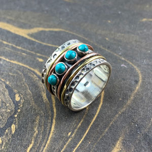 Turquoise <b>Spinner</b> <b>Ring</b> 8.3 Grams Fashionable Gold Plated Stainless Steel Bezel Setting Inlay Stylish Trendy Fashion <b>Rings</b> Gift - Product Image 1