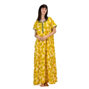 定制尺寸圆领100% 人造丝制作女式睡衣黄色玫瑰长睡衣价格优惠