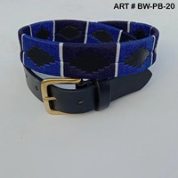Cinturón de Polo Argentino de Cuero Marrón Hecho a Mano de Lujo con Diamantes Pampa en Verde Bosque, Azul Marino, Blanco y Rojo