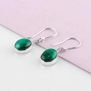 Pendientes de piedras preciosas de malaquita, pendientes de plata de ley sólida 925 con forma ovalada para mujeres y niñas, Pendientes colgantes, joyería de plata - Product Image 2