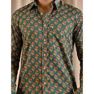 Chemise décontractée pour homme en coton vert imprimé à manches longues, tissu 100% popeline respirant et tissé avec motif à pois - Product Image 2