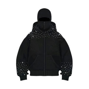 Sudadera con capucha tipo pasamontañas Y2K para hombre con logotipo personalizado OEM, cremallera completa, máscara de esquí, apliques de diamantes de imitación, forro polar grueso de algodón, ecológica, para primavera - Product Image 5