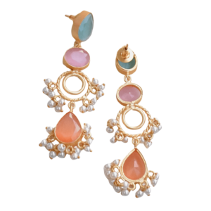 Boucles d'oreilles longues Laxmi Jewellers plaquées or avec pierres naturelles et cristaux, bijoux fantaisie pour femmes, boucles d'oreilles tendance - Product Image 4