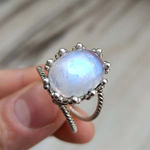 925 Sterling Silver Rainbow Moonstone Women's Handmade <b>Statement</b> <b>Ring</b> Boho Hippie Style Gift with Rhodium Plating - Product Image 2