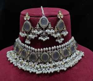 White Gold Plated Zircon Designer Polki <b>Necklace</b> <b>Set</b> Earrings <b>Bridal</b> Jewelry Wedding Party Celebration Brass Material Handmade - Product Image 1