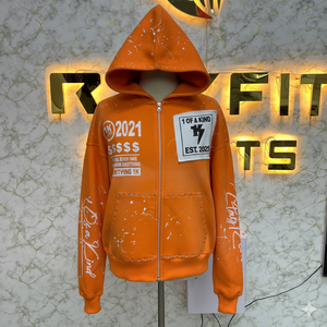 Sudadera con capucha con cremallera gris de diseño único de alto impacto, chaqueta con cremallera de diamantes de imitación, lavado ácido, ropa de calle de lana lavada Vintage para hombre - Product Image 6