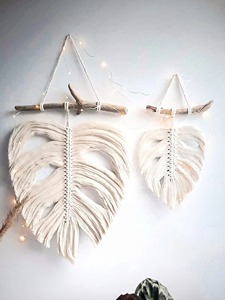 Ensemble bohème de 3 tentures murales en macramé gris et noir à motifs de feuilles pour la décoration créative de la maison, l'affichage artistique et l'amélioration de l'intérieur - Product Image 3