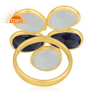 Venta caliente plata esterlina 18K chapado en oro corindón natural azul y aguamarina Calcedonia piedra preciosa Fabricación de joyería personalizada - Product Image 4