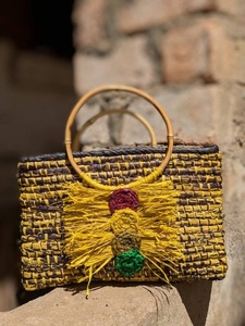 Bohemian Chic Handwoven Raffia <b>Clutch</b> <b>Bag</b> Colorful Pom-Poms & <b>Gold</b> Ring Handles Open Closure Embroidery Decoration for Summer - Product Image 4